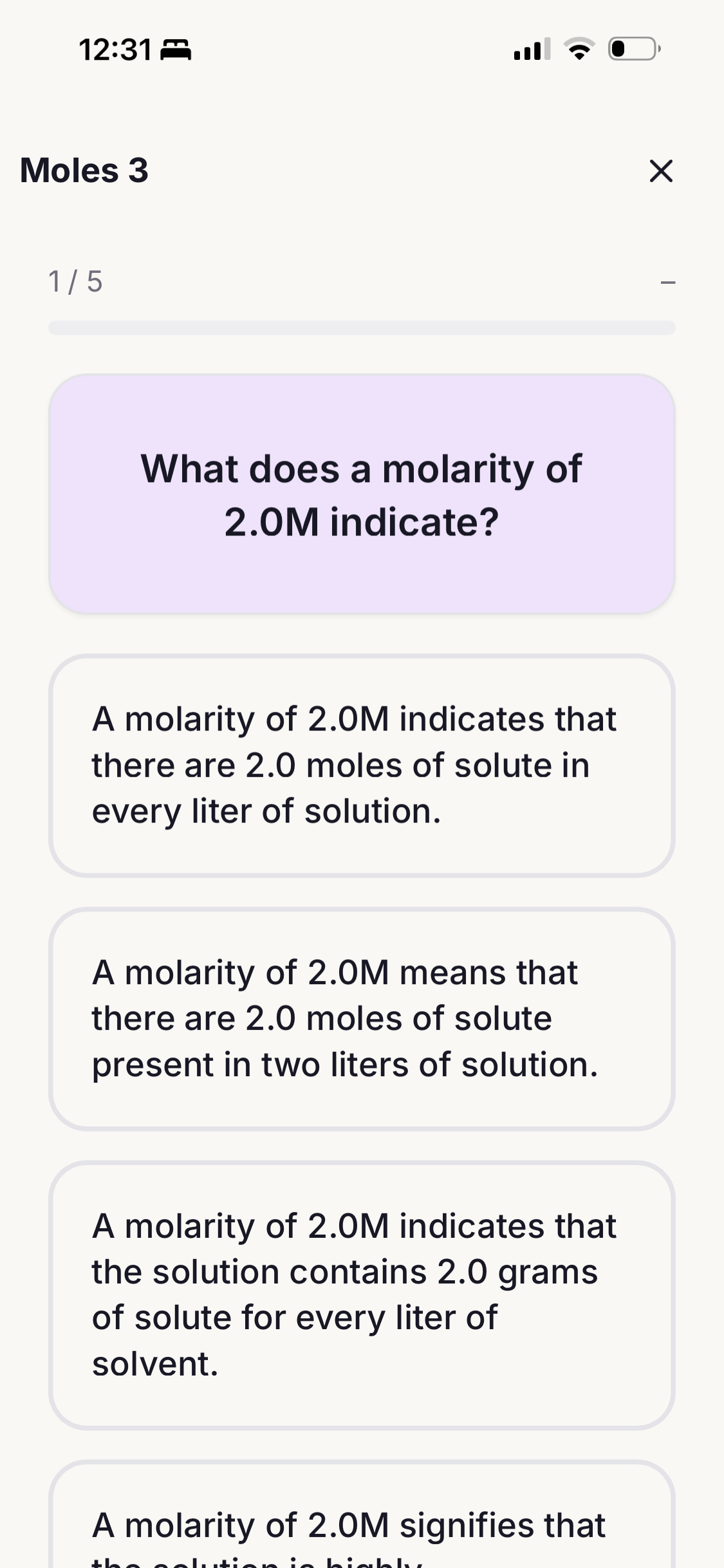 Quiz: Molarity of 2.0M, Chemistry